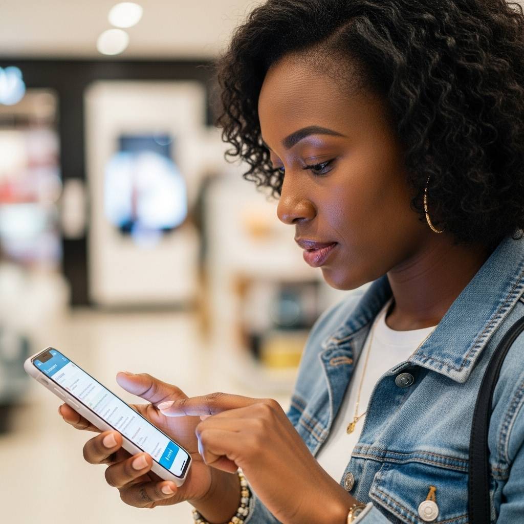 Bahamian woman browsing her smartphone while shopping, representing how digital marketing connects businesses with the right audience at the right time.