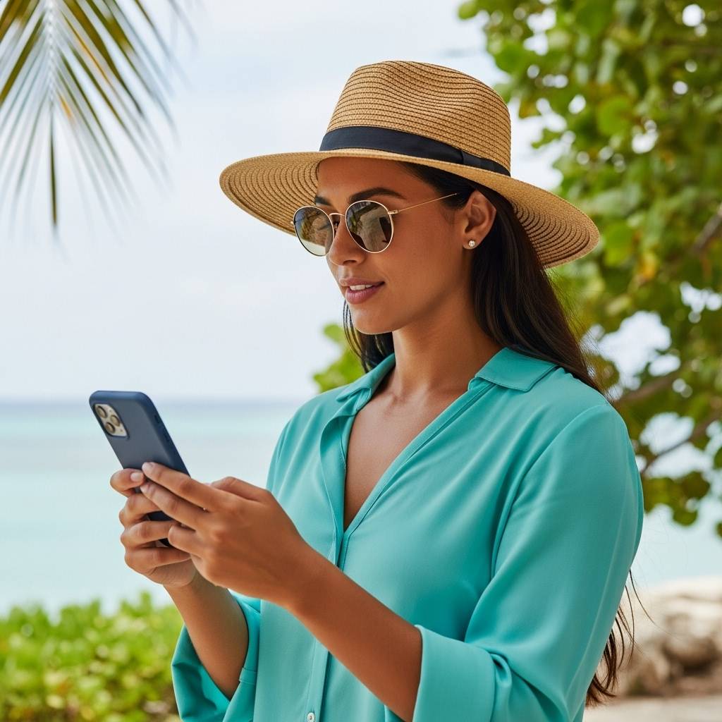 Young woman in The Bahamas wearing a sunhat and sunglasses, using her smartphone by the beach — representing how digital marketing reaches customers wherever they are.