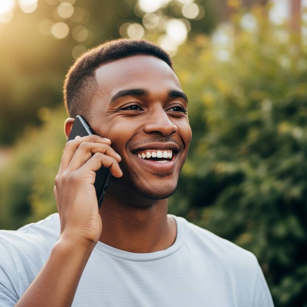 Smiling man making a phone call on his mobile, representing a satisfied customer contacting a business after a positive online experience.