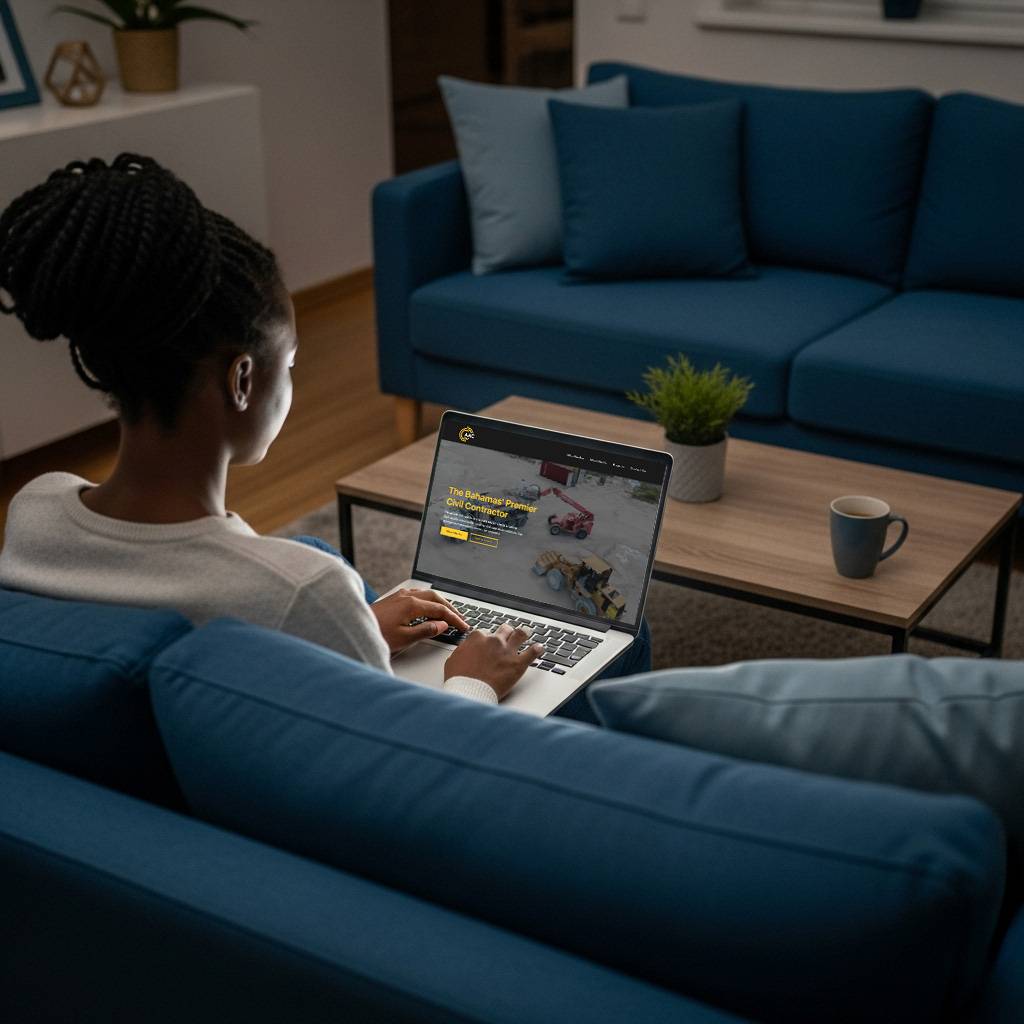 Woman browsing a Bahamian construction company website on her laptop while sitting on a sofa, representing professional web design in The Bahamas.