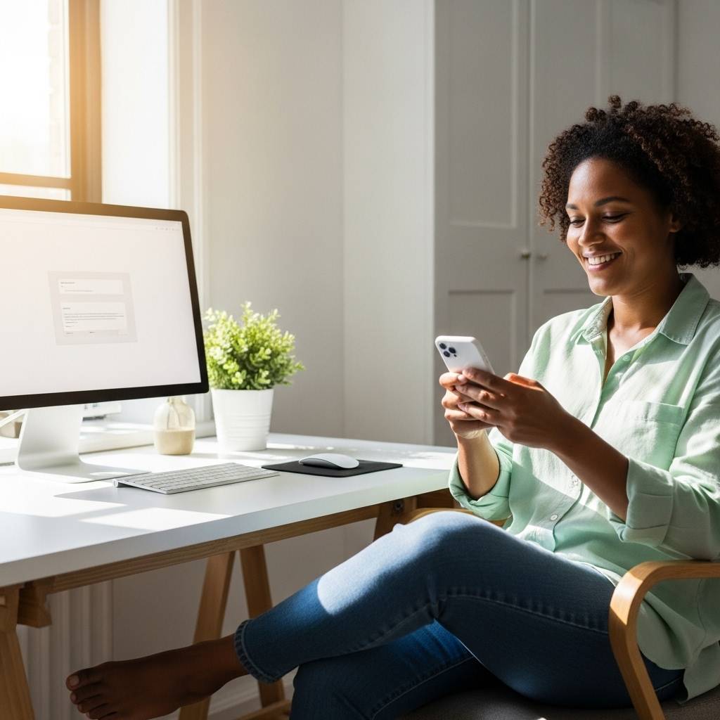 Smiling Bahamian businesswoman sitting comfortably at her desk, using a smartphone with confidence, showing peace of mind knowing her website is maintained and secure.