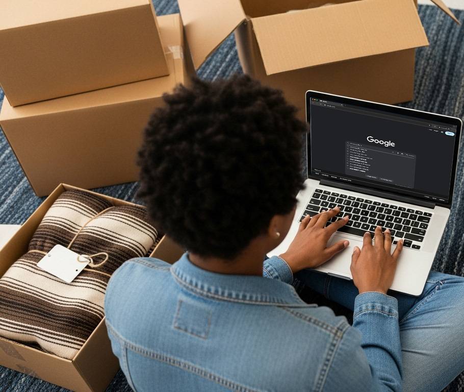 A business owner searching for a company on a laptop, representing how customers look online for businesses in 2025