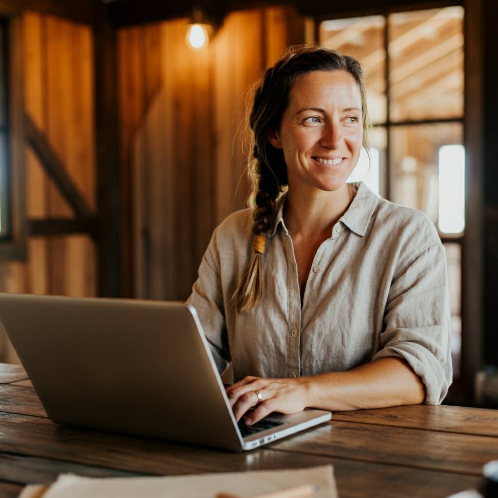 Smiling woman on her laptop enjoying online success