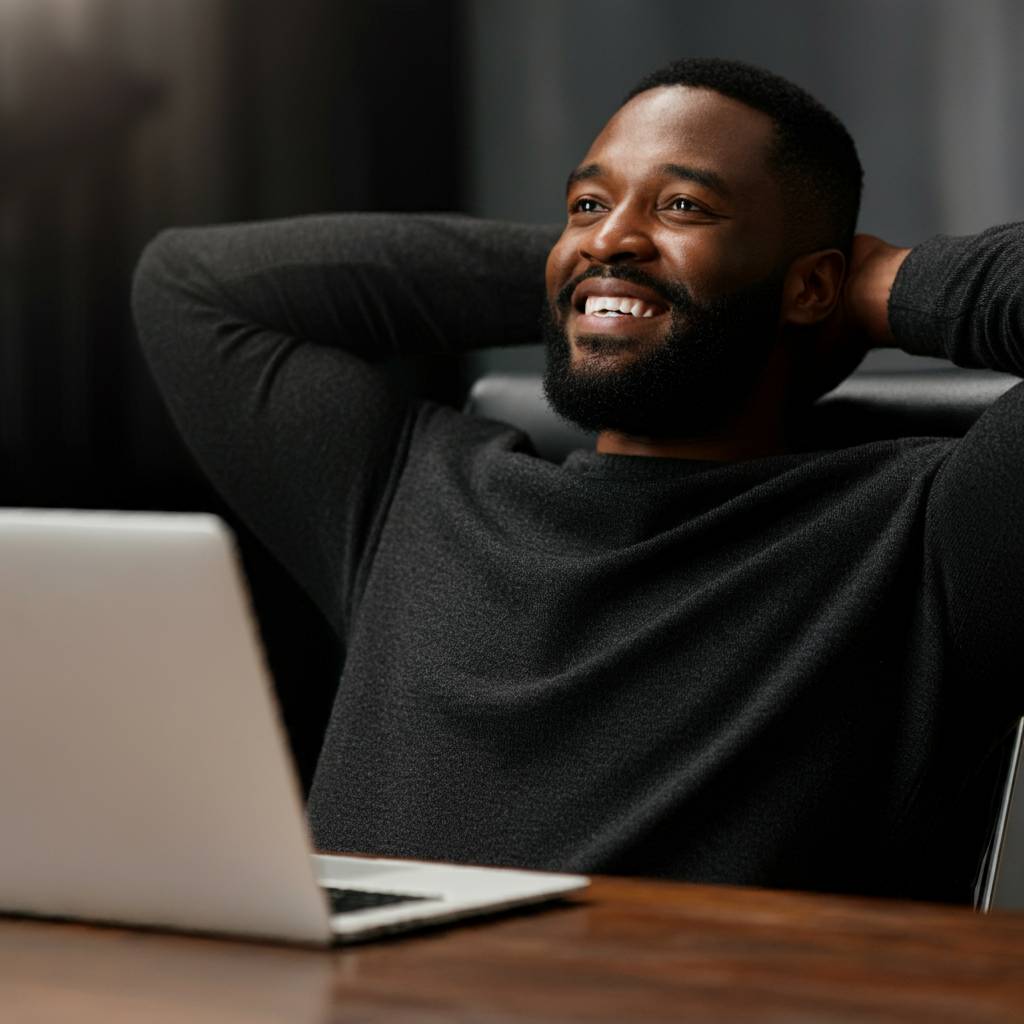 Man laid back with relieved smile